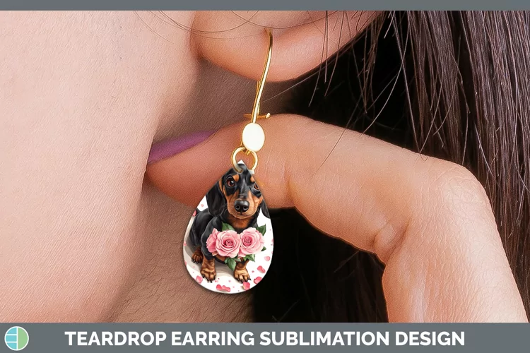 Valentine Rose Dogs Dachshund Teardrop Earrings Sublimation