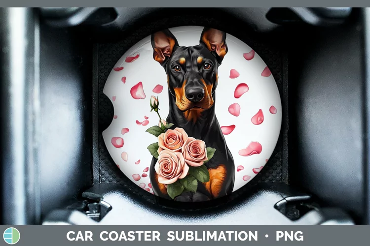 Valentine Rose Dogs Doberman Pinscher Car Coaster Sublimatio