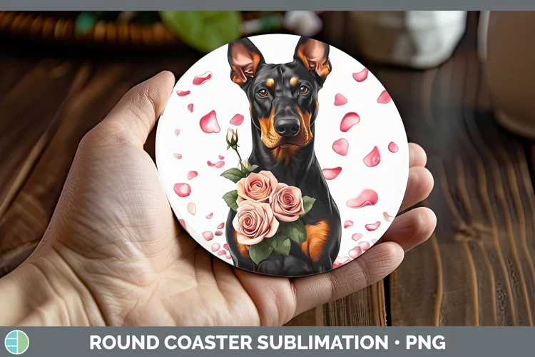 Valentine Rose Dogs Doberman Pinscher Round Coaster Sublimat