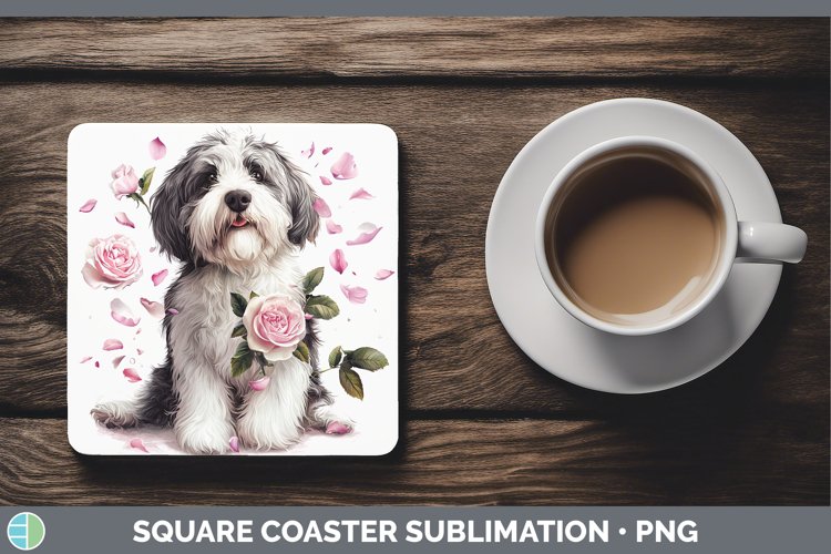 Valentine Rose Dogs Old English Sheepdog Square Coaster Subl