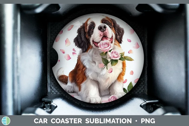 Valentine Rose Dogs Saint Bernard Car Coaster Sublimation D