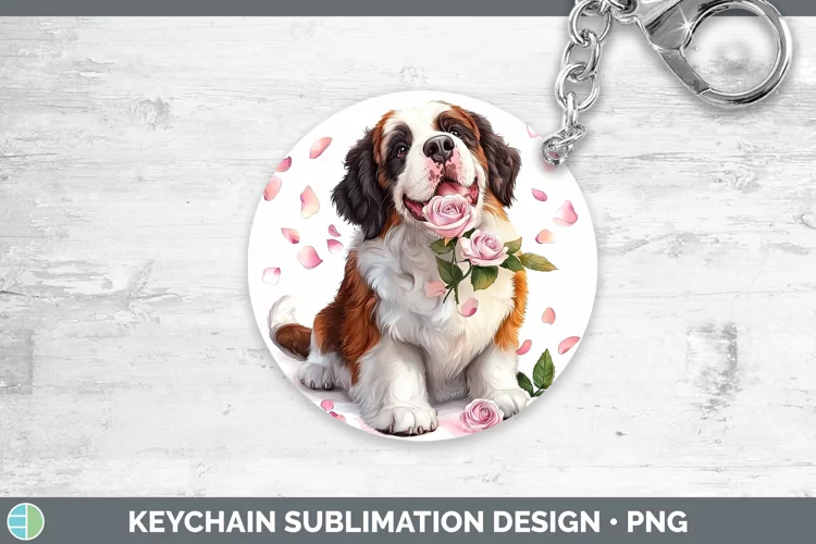 Valentine Rose Dogs Saint Bernard Keychain Sublimation Keyri