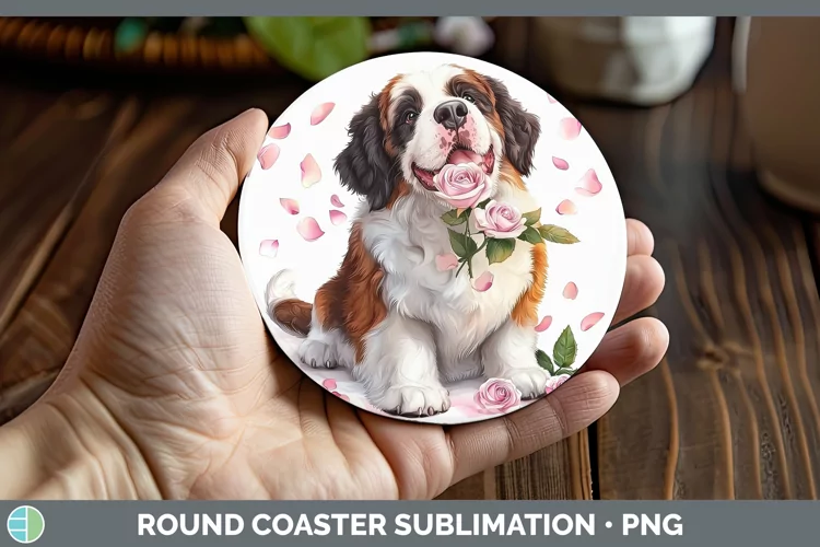 Valentine Rose Dogs Saint Bernard Round Coaster Sublimation