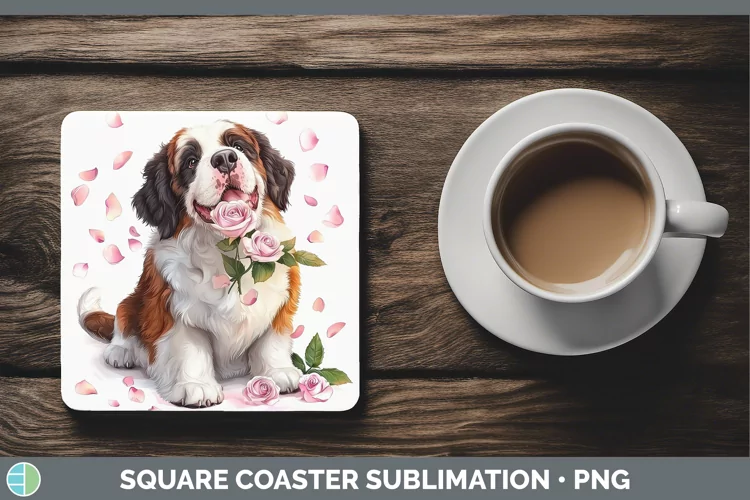 Valentine Rose Dogs Saint Bernard Square Coaster Sublimation