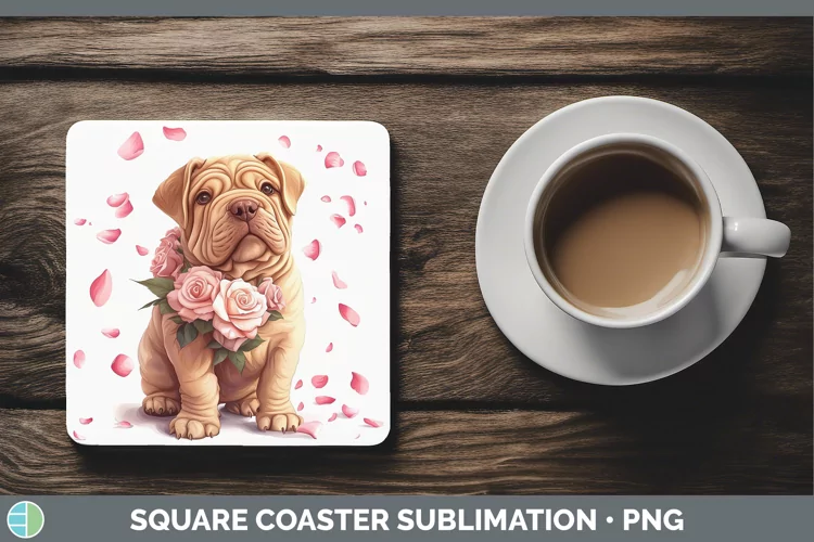 Valentine Rose Dogs Shar Pei Square Coaster Sublimation Coas