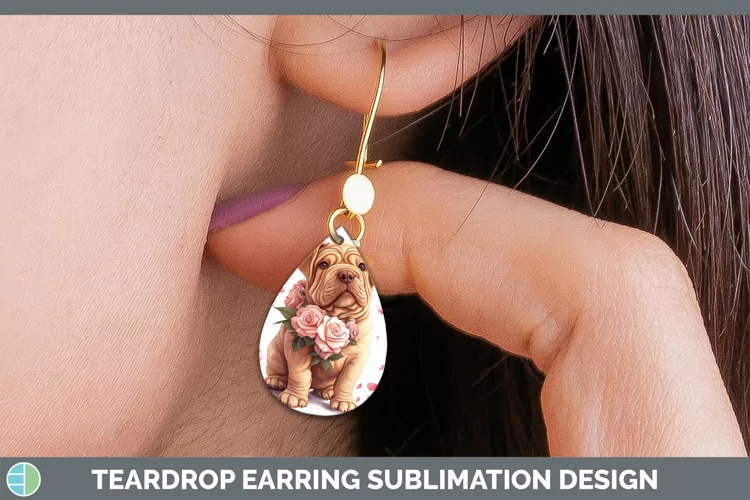 Valentine Rose Dogs Shar Pei Teardrop Earrings Sublimation E
