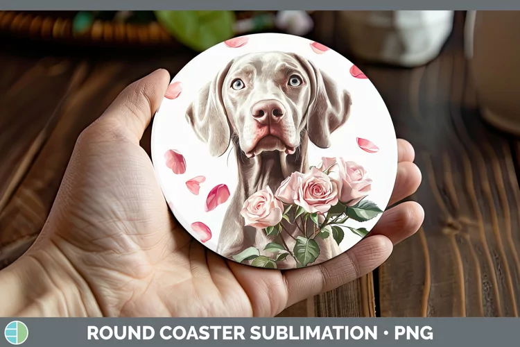 Valentine Rose Dogs Weimaraner Round Coaster Sublimation Coa