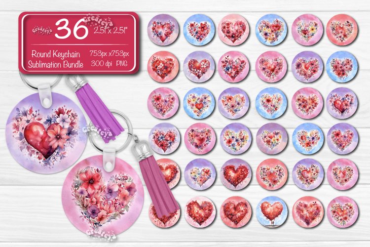 Valentine Round Keychain Bundle Heart Flowers Keychain PNG