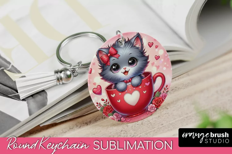 Valentine Round Keychain - Cute Cat Sublimation Design