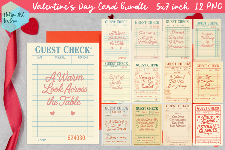 Cute Valentines day Card Bundle. Guest Check PNG