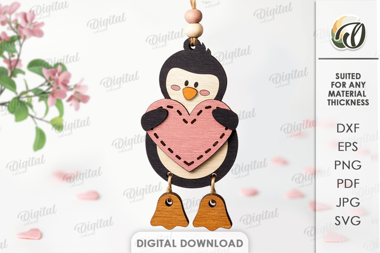 Valentine's Day Character Tag Laser Cut. Penguin SVG