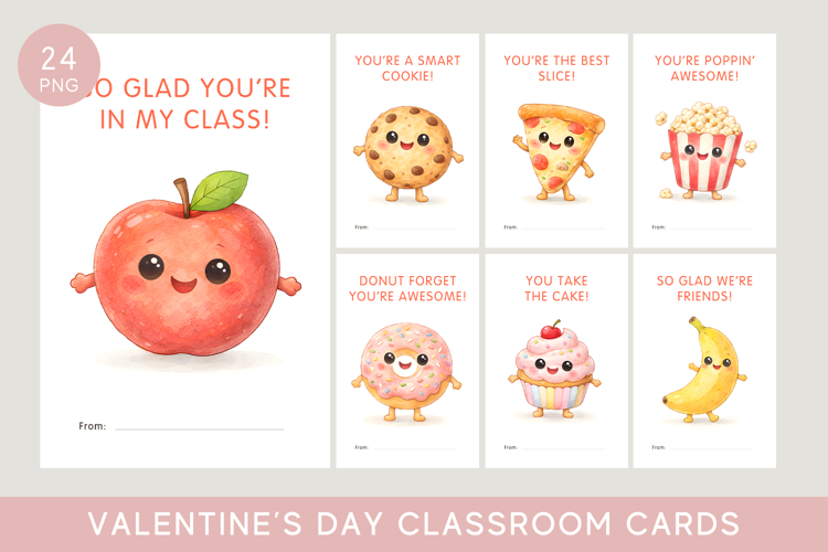 Food Pun Valentine Classroom Cards, kids valentine cards