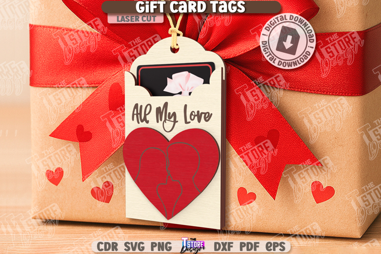 Valentine's Day Gift Card Tag Laser Cut|Hanging Gift Tag SVG