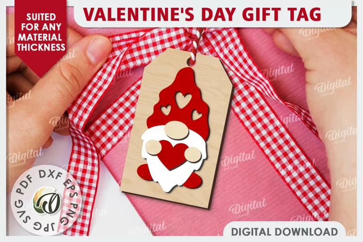 Valentine's Day Gift Tag Laser Cut. Valentine Gnome SVG