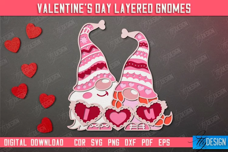 Valentine's Day Layered Gnomes | Wall Art | Red Hearts | CNC