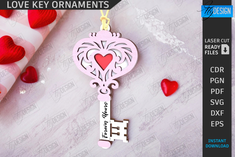 Valentine Key Ornament Laser Cut|Valentines Day Symbol SVG