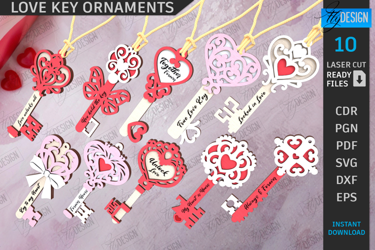 Valentine Key Ornaments Laser Cut Bundle|Valentines Day SVG