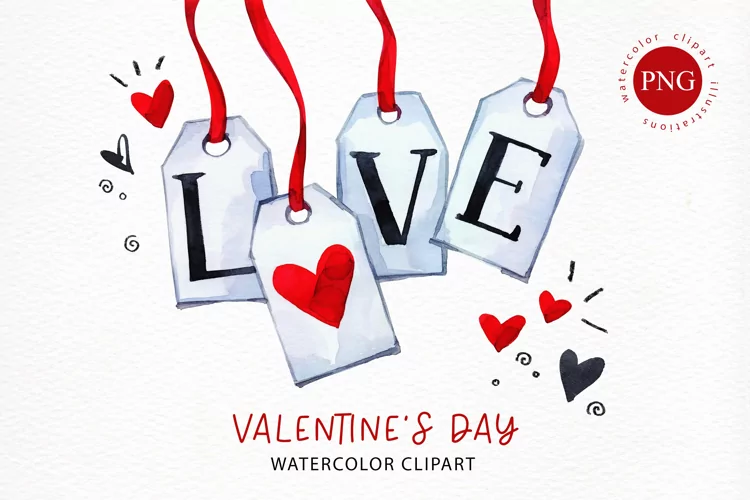 Valentine's Day LOVE clipart| Watercolor LOVE Tags print png