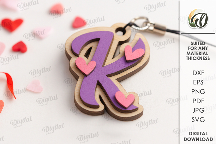 Valentines Day Monogram Keychain Laser Cut. Letter K SVG