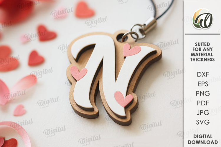Valentines Day Monogram Keychain Laser Cut. Letter N SVG