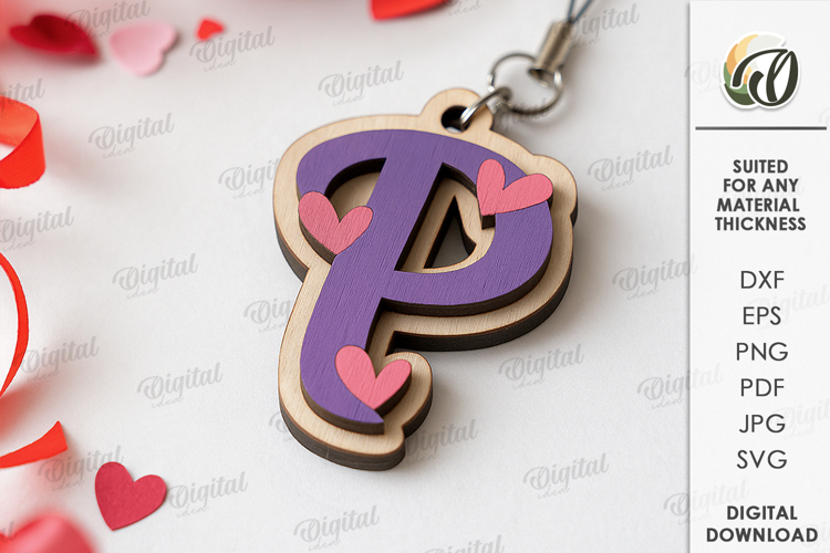 Valentines Day Monogram Keychain Laser Cut. Letter P SVG