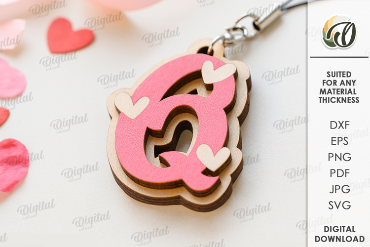 Valentines Day Monogram Keychain Laser Cut. Letter Q SVG