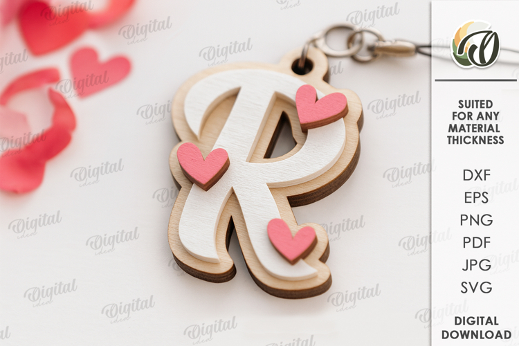 Valentines Day Monogram Keychain Laser Cut. Letter R SVG