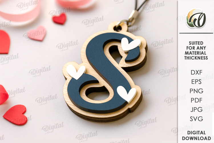 Valentines Day Monogram Keychain Laser Cut. Letter S SVG