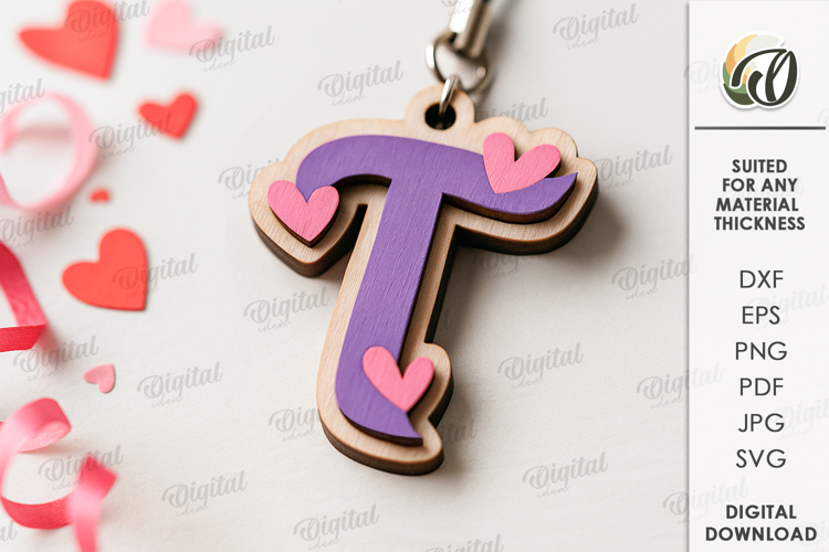 Valentines Day Monogram Keychain Laser Cut. Letter T SVG