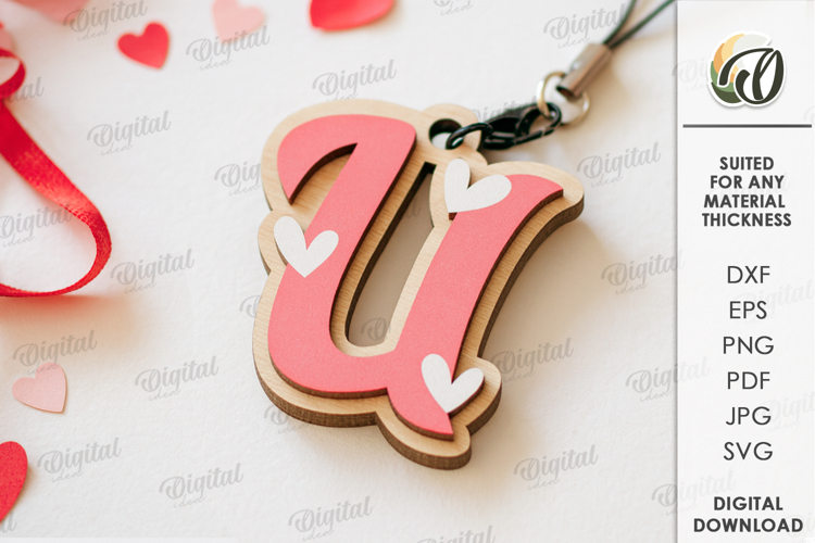 Valentines Day Monogram Keychain Laser Cut. Letter U SVG