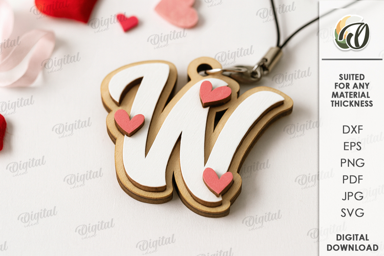 Valentines Day Monogram Keychain Laser Cut. Letter W SVG