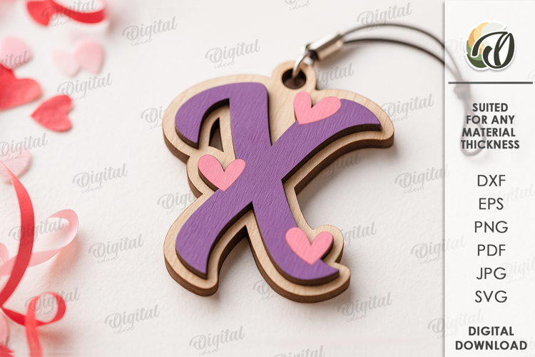 Valentines Day Monogram Keychain Laser Cut. Letter X SVG