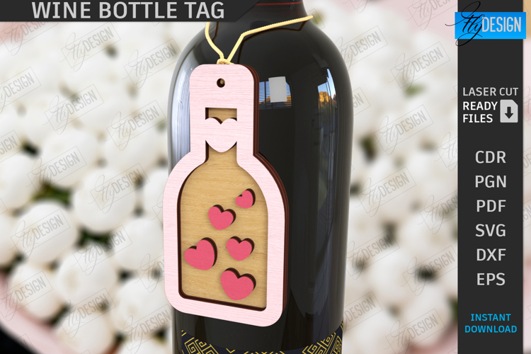 Valentine's Day Wine Bottle Tag Laser Cut | Hanging Tags SVG