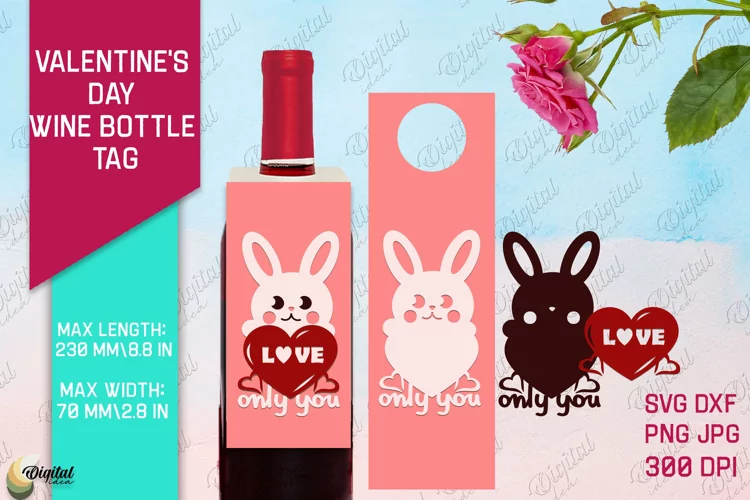 Bynny SVG. Valentine's Day Wine Bottle Tag Paper Cut