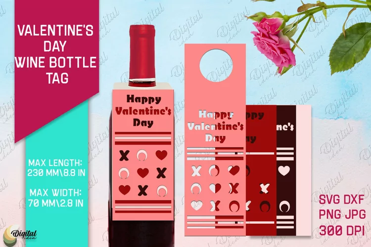 Valentine's Day Wine Bottle Tag Paper Cut. Tic Tac Toe SVG