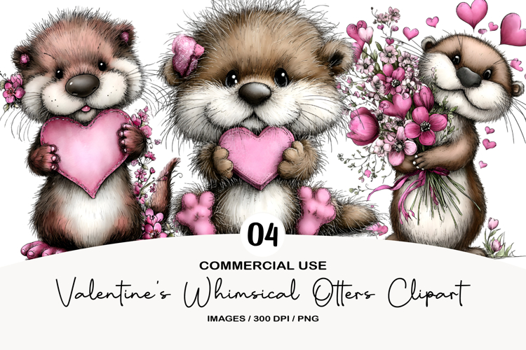 Valentines Whimsical Otters Clipart