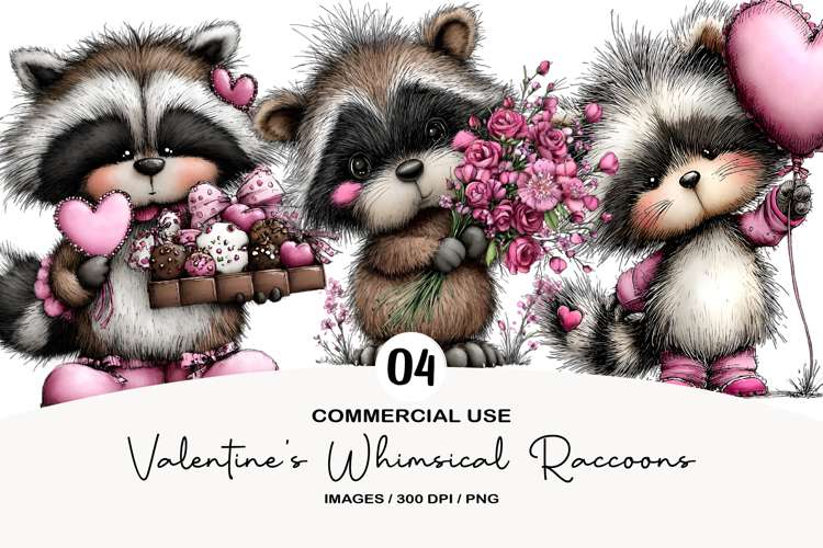 Valentines Whimsical Raccoon Clipart
