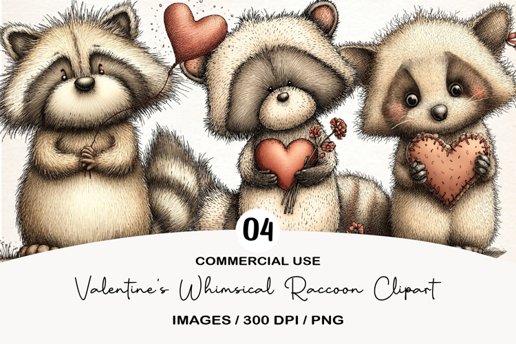 Valentines Whimsical Raccoon Clipart