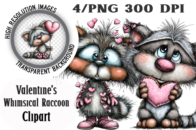 Valentines Whimsical Raccoon Clipart PNG