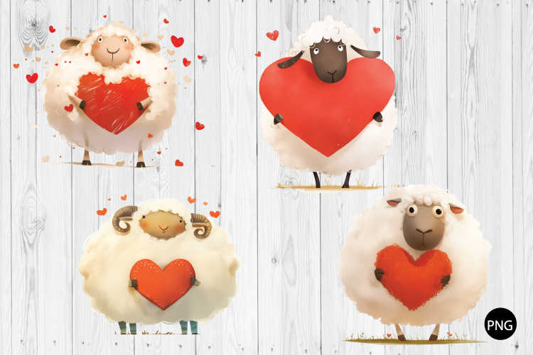 Funny Valentine Sheep PNG, Valentine Quirky Lambs with Heart