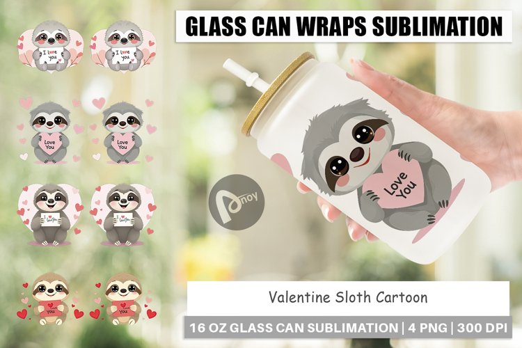 Glass Can Wraps Valentine Sloth Cartoon
