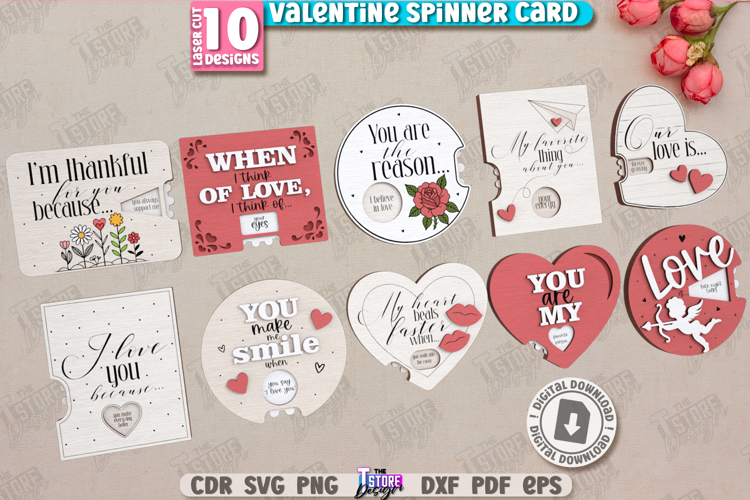 3D Valentine Spinner Cards Laser Cut Bundle|Valentines SVG