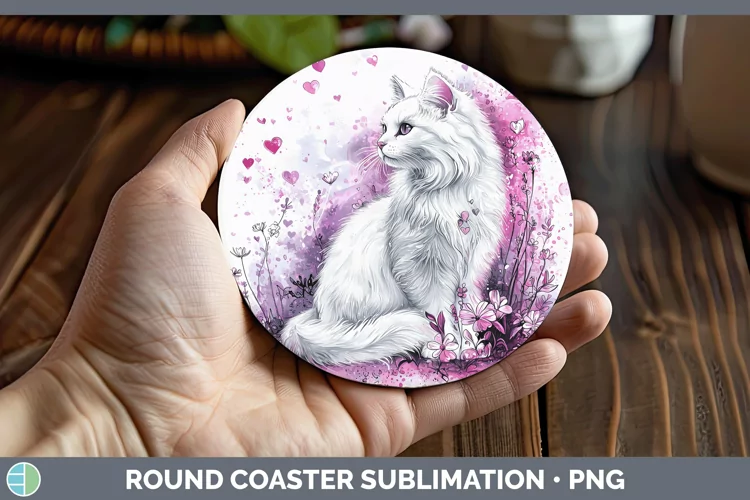 Valentine Splash Angora Cat Round Coaster Sublimation Coaste