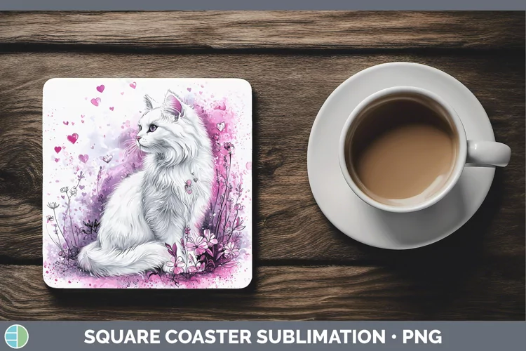 Valentine Splash Angora Cat Square Coaster Sublimation Coast