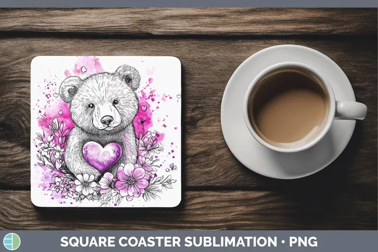Valentine Splash Bear Square Coaster Sublimation Coaster Des