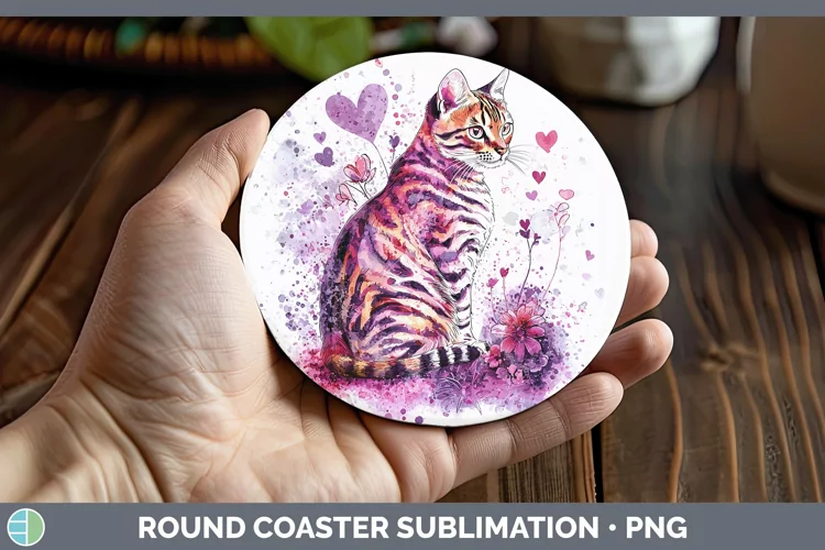 Valentine Splash Bengal Cat Round Coaster Sublimation Coaste