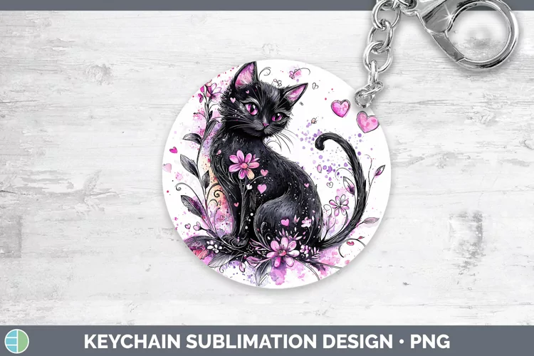 Valentine Splash Black Cat Keychain Sublimation Keyring Desi