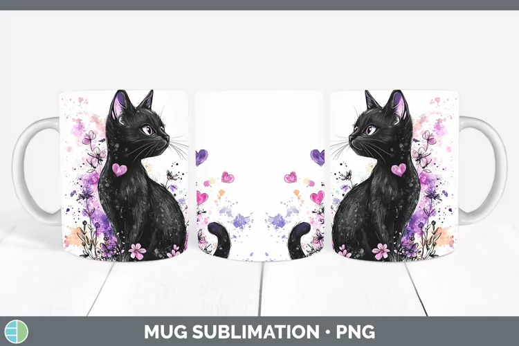 Valentine Splash Black Cat Mug Wrap Sublimation Coffee Cup D