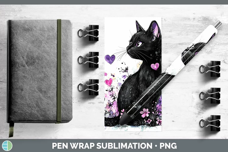 Valentine Splash Black Cat Pen Wrap Sublimation Pen Designs