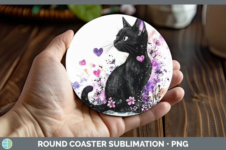 Valentine Splash Black Cat Round Coaster Sublimation Coaster